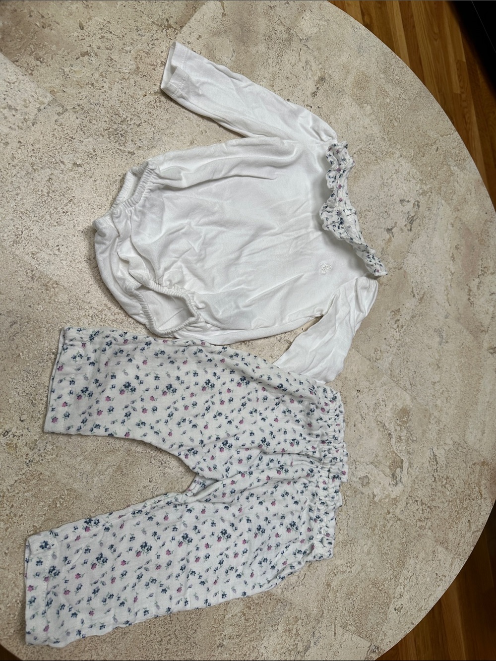 GAP White Long-Sleeve Ruffled Neck Onesie with Floral Pants